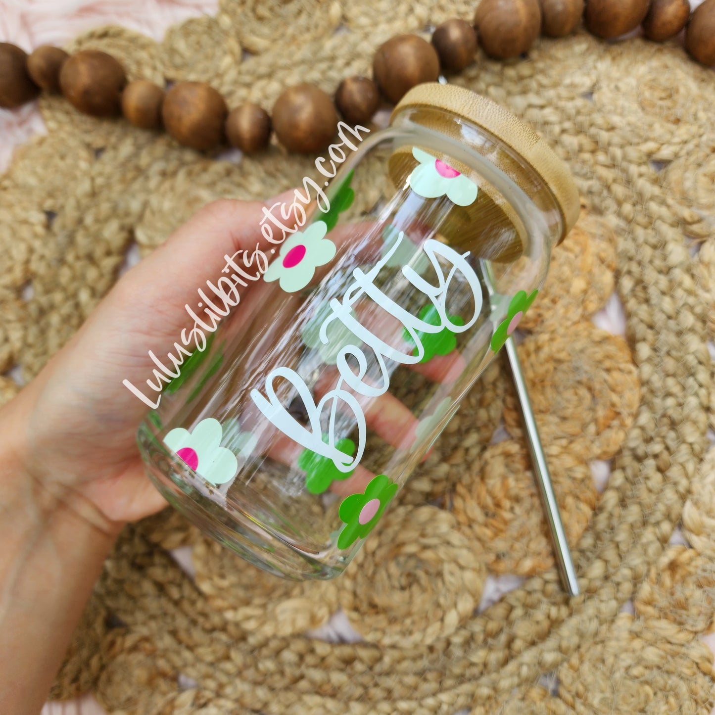 Personalized Name Green Flower Glass Cup - Made To Order