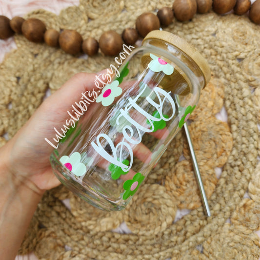 Personalized Name Green Flower Glass Cup - Made To Order