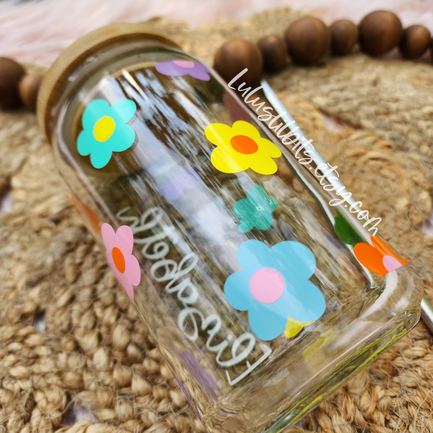 Personalized Name Rainbow Flower Glass Cup - Made To Order