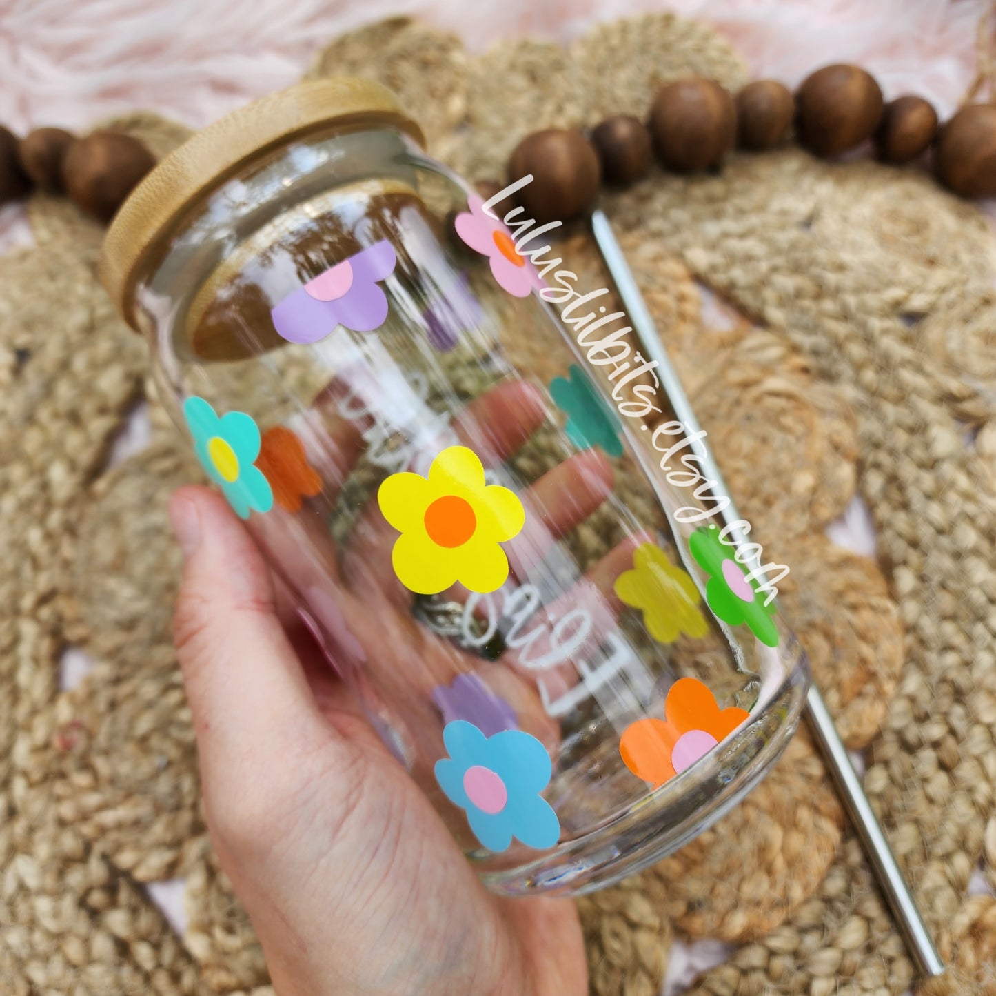 Personalized Name Rainbow Flower Glass Cup - Made To Order