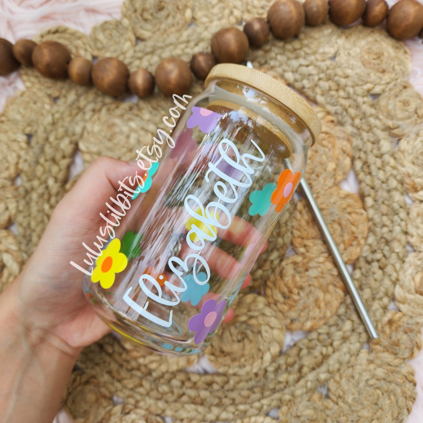 Personalized Name Rainbow Flower Glass Cup - Made To Order