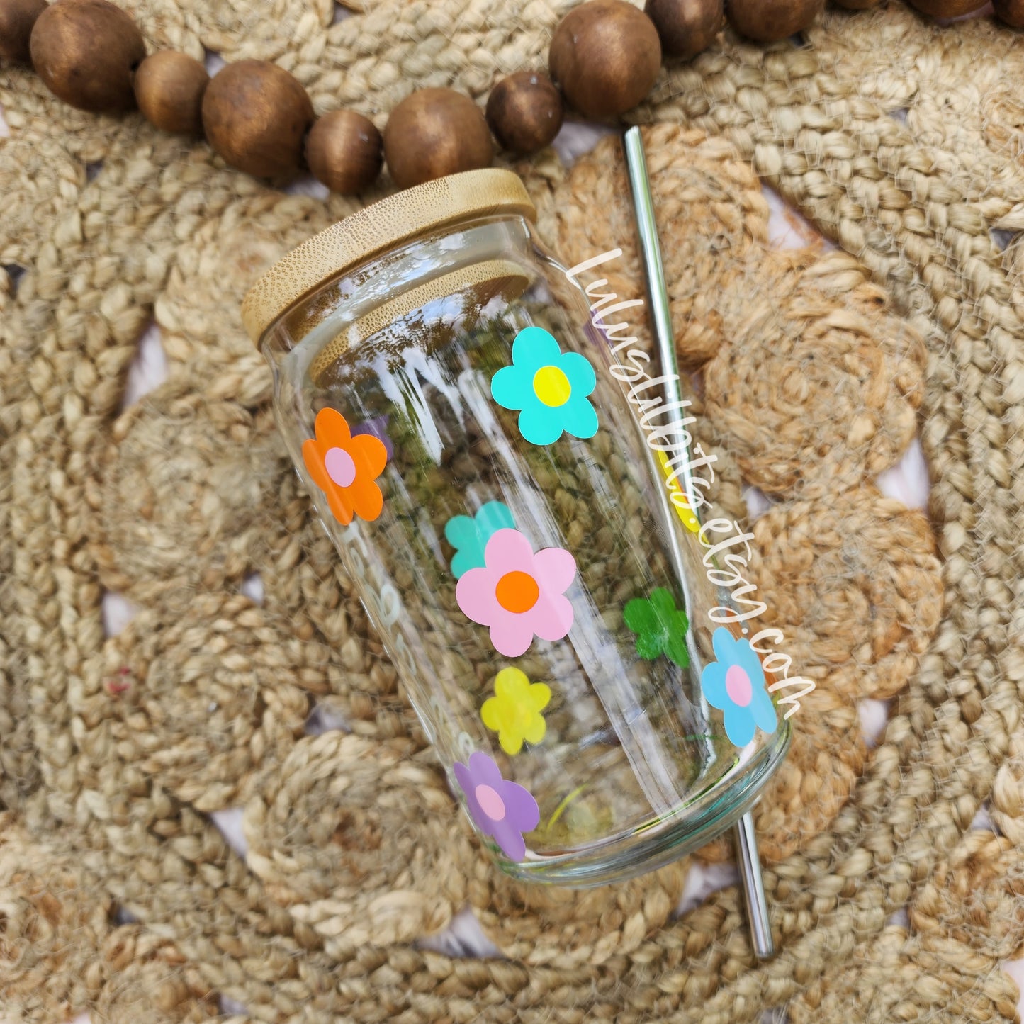 Personalized Name Rainbow Flower Glass Cup - Made To Order