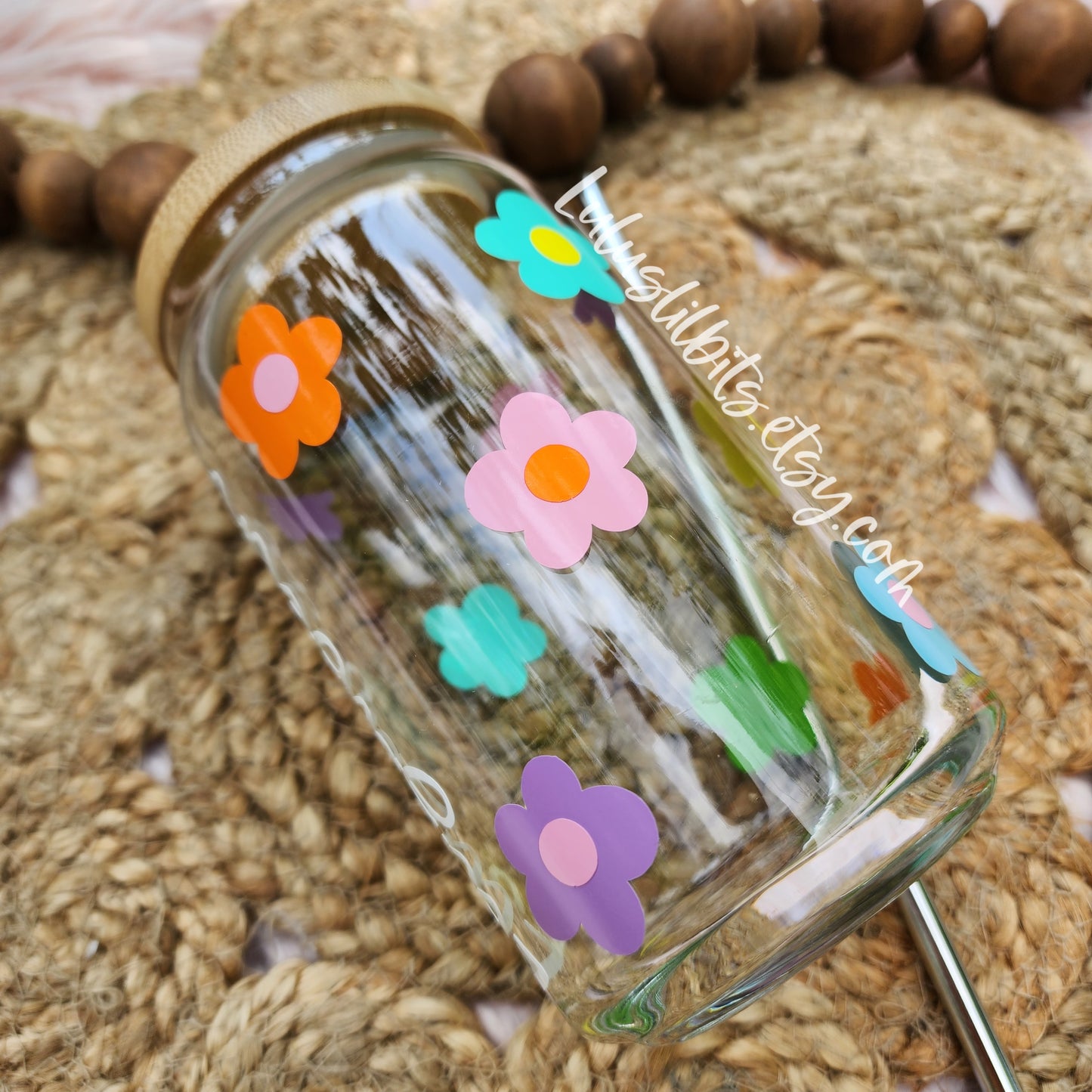 Personalized Name Rainbow Flower Glass Cup - Made To Order