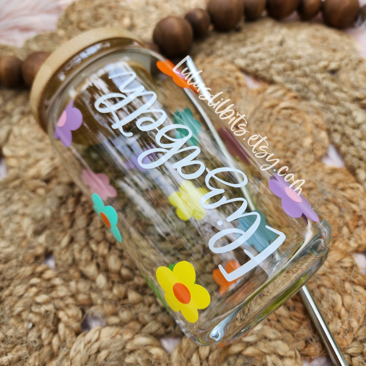 Personalized Name Rainbow Flower Glass Cup - Made To Order