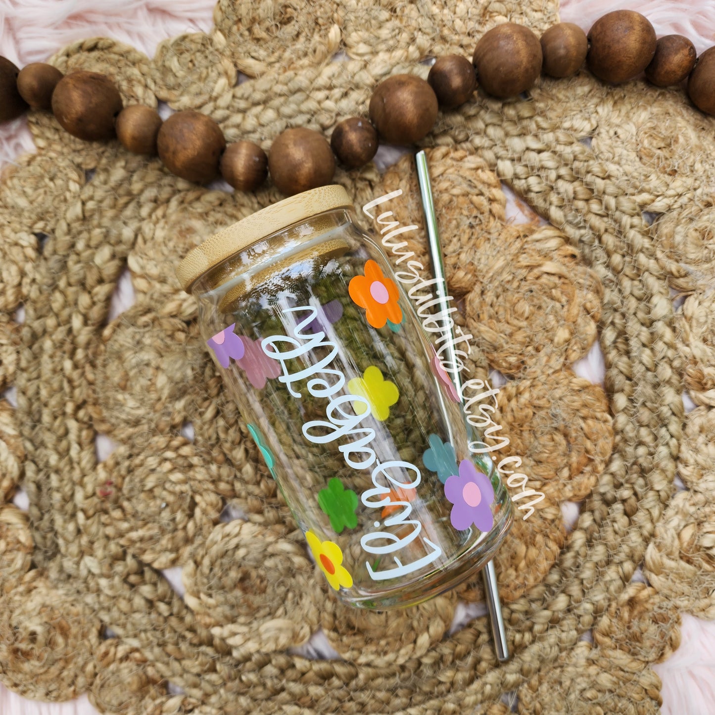 Personalized Name Rainbow Flower Glass Cup - Made To Order