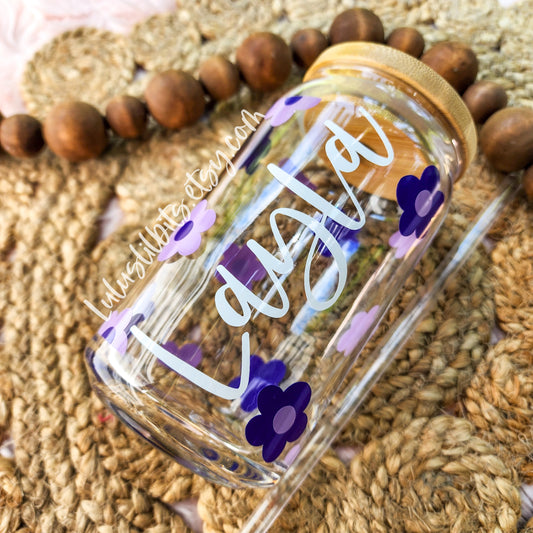 Personalized Name Purple Flower Glass Cup - Made To Order