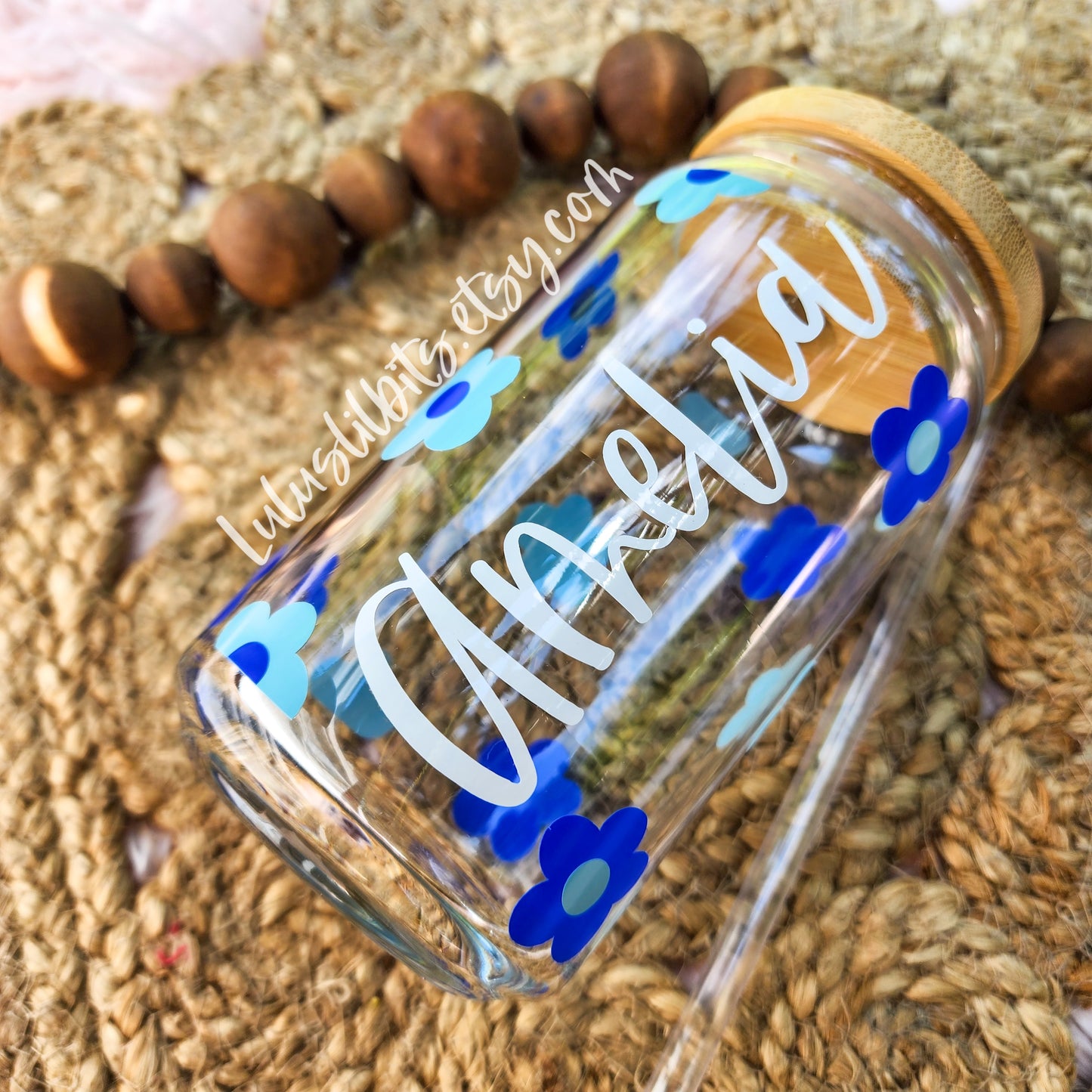 Personalized Name Blue Flower Glass Cup - Made To Order