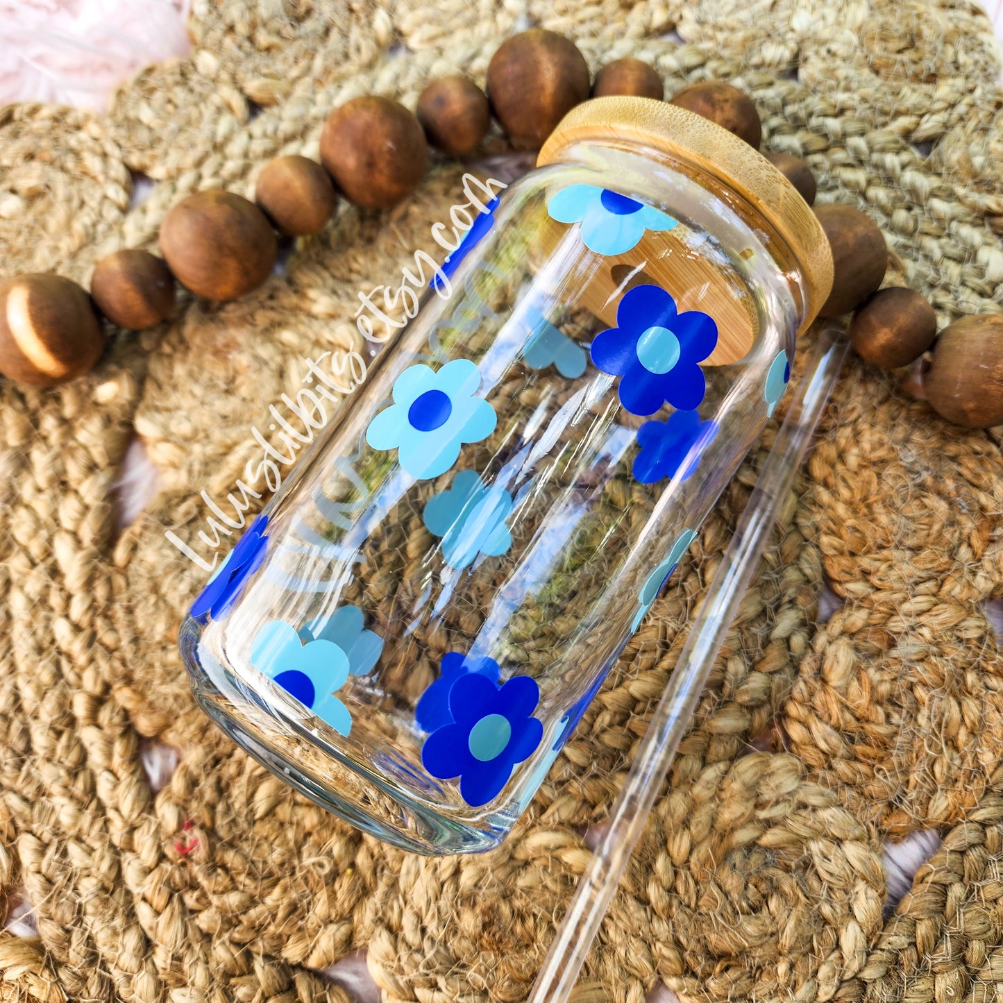 Personalized Name Blue Flower Glass Cup - Made To Order