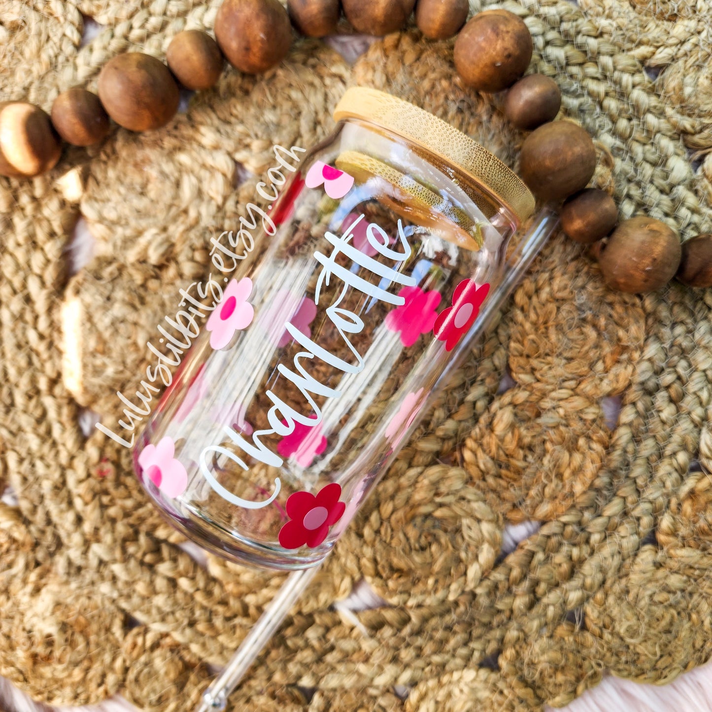 Personalized Name Pink Flower Glass Cup - Made To Order