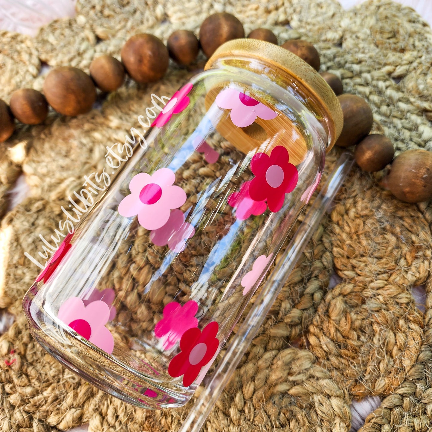 Personalized Name Pink Flower Glass Cup - Made To Order