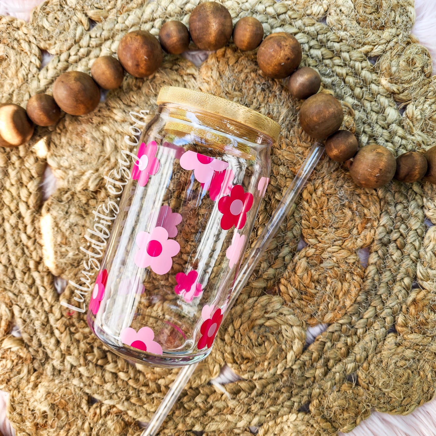 Personalized Name Pink Flower Glass Cup - Made To Order