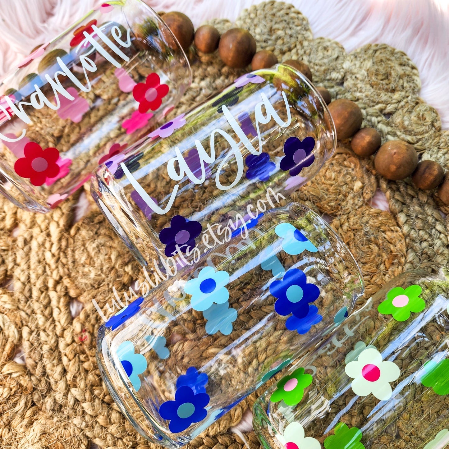 Personalized Name Pink Flower Glass Cup - Made To Order